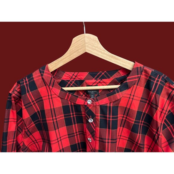 NWOT Talbots Red Plaid Rhinestone Button Front Tunic Blouse Classic Preppy 3X - Picture 2 of 6
